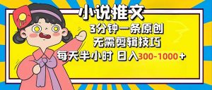 小说推文6.0，简单无脑，3分钟一个原创作品，每天半小时，日入300-1000...-511资料网