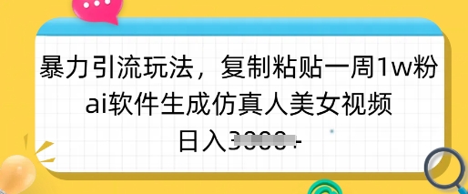 暴力引流玩法，复制粘贴一周1w粉，ai软件生成仿真人美女视频，日入多张-511资料网