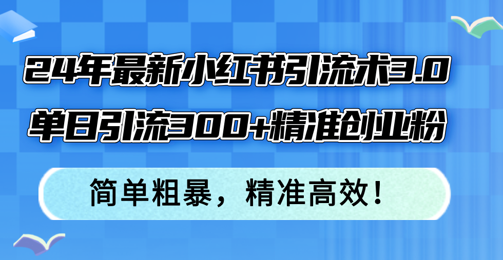 24年最新小红书引流术3.0，单日引流300+精准创业粉，简单粗暴，精准高效！-511资料网