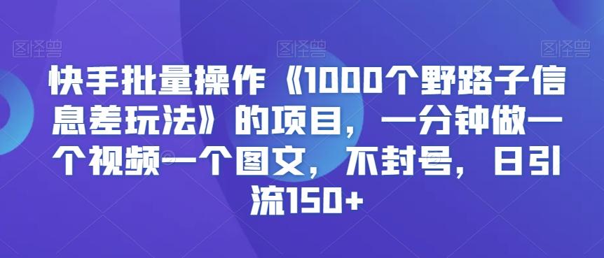 快手批量操作《1000个野路子信息差玩法》的项目，一分钟做一个视频一个图文，不封号，日引流150+【揭秘】-511资料网