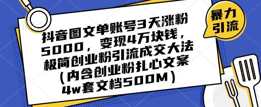 抖音图文单账号3天涨粉5000，变现4万块钱，极简创业粉引流成交大法-511资料网