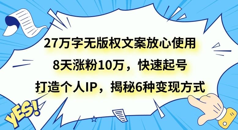 27万字无版权文案放心使用，8天涨粉10万，快速起号，打造个人IP，揭秘6种变现方式-511资料网