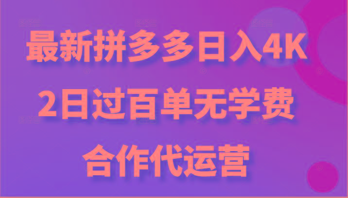 最新拼多多，日入4K+，2日过百单无学费，合作代运营-511资料网